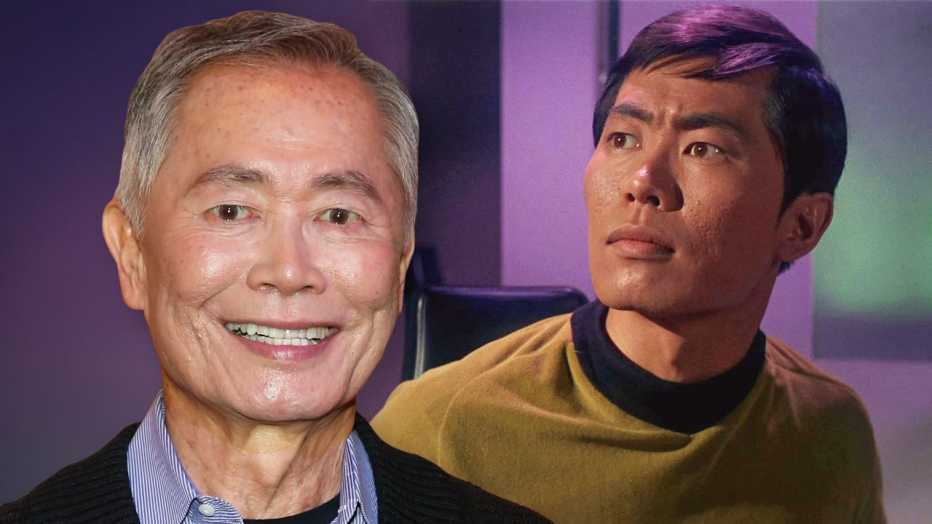 a collage with a recent photo of george takei alongside a still image of his sulu character from star trek