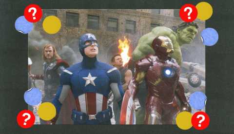 Characters from Marvel movies surrounded by yellow, blue and red circles with question marks characters from marvel movies surrounded by yellow, blue and red circles with question marks