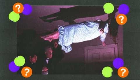 Jason Miller, Max von Sydow and Linda Blair in a still from 'The Exorcist' jason miller, max von sydow and linda blair in a still from the exorcist; yellow, purple and orange circles with question marks surround them