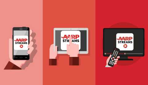 Illustrations of the AARP Streams app on mobile, tablet and streaming platforms on your television AARP Streams app