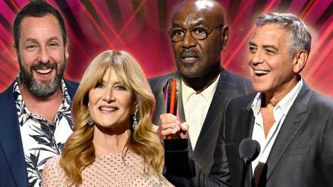 a collage with photos of adam sandler, laura dern, delroy lindo and george clooney