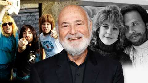 a collage with a photo of rob reiner over still images from his films