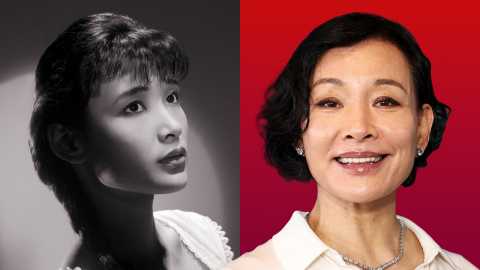 a collage with two photos of joan chen