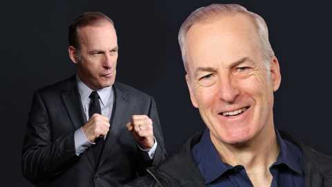a collage with a portrait of bob odenkirk smiling alongside another photo of him holding up his fists