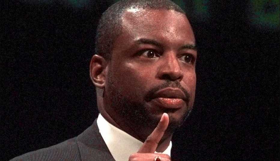 Actor LeVar Burton gestures while delivering a speech in June 1999.