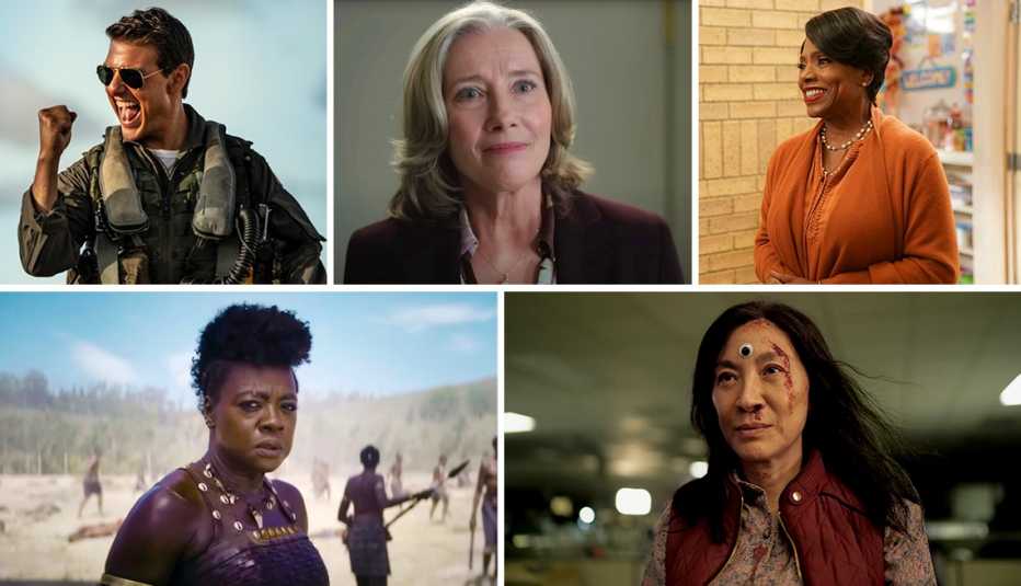 Tom Cruise in "Top Gun: Maverick"; Emma Thompson in "Good Luck to You, Leo Grande"; Sheryl Lee Ralph in "Abbott Elementary"; Michelle Yeoh in "Everything Everywhere All At Once"; Viola Davis in "The Woman King."