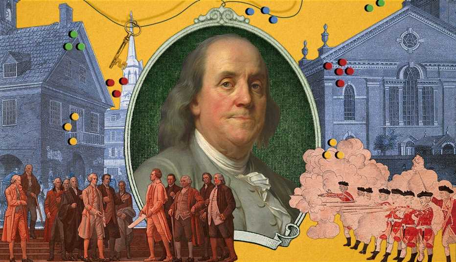 a collage featuring a painting of benjamin franklin alongside historic buildings and events