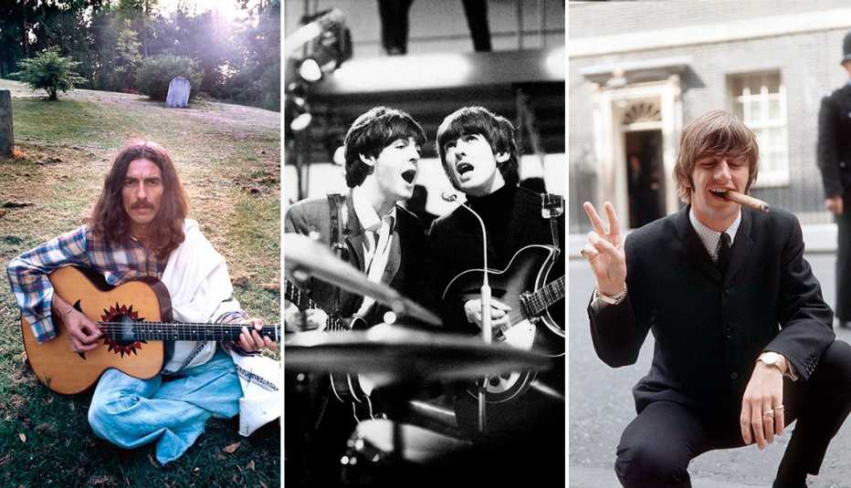 George Harrison with an acoustic guitar on the grounds of his Friar Park property in 1975; a pair of Beatles sing into a shared microphone together during a rehearsal for a TV special at Wembley Studios; Ringo Starr makes a peace sign with a cigar in his mouth 