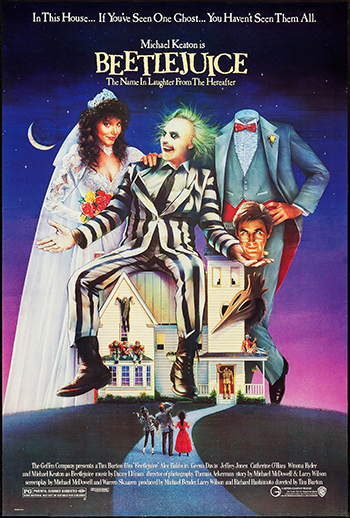Beetlejuice movie poster with Michael Keaton as the lead character sitting on a house holding Alec Baldwin's head, and Geena Davis in a bridal gown and a headless Alec Baldwin in a tux on either side of him