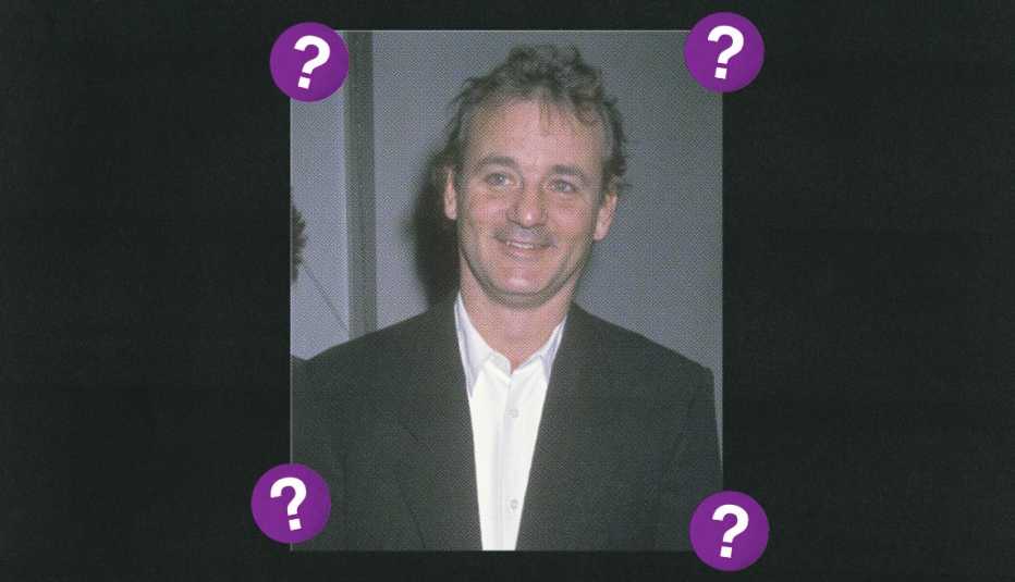 Bill Murray; surrounded by purple circles with question marks in them