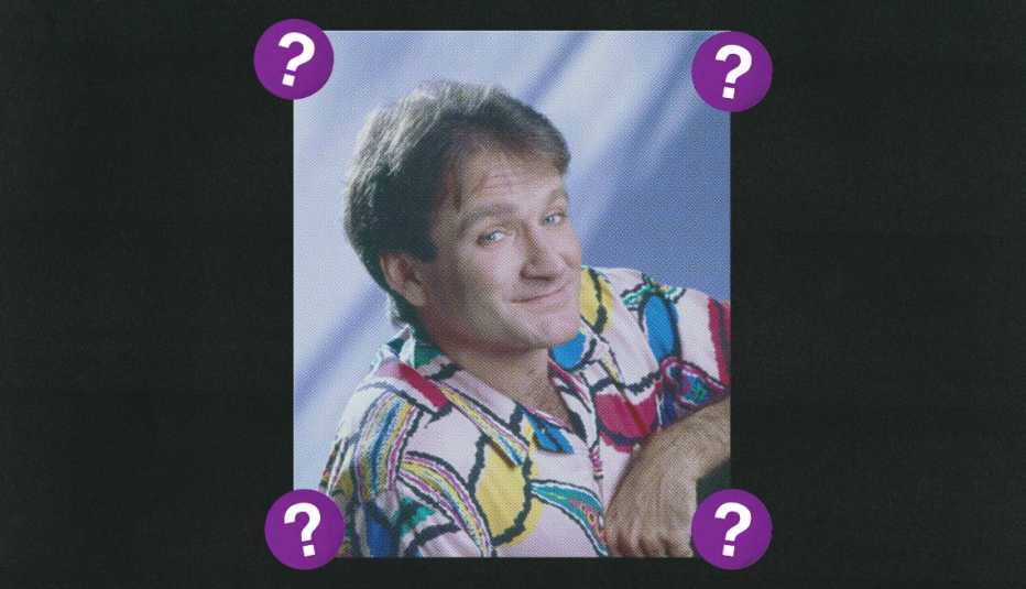 Robin Williams; surrounded by purple circles with question marks in them