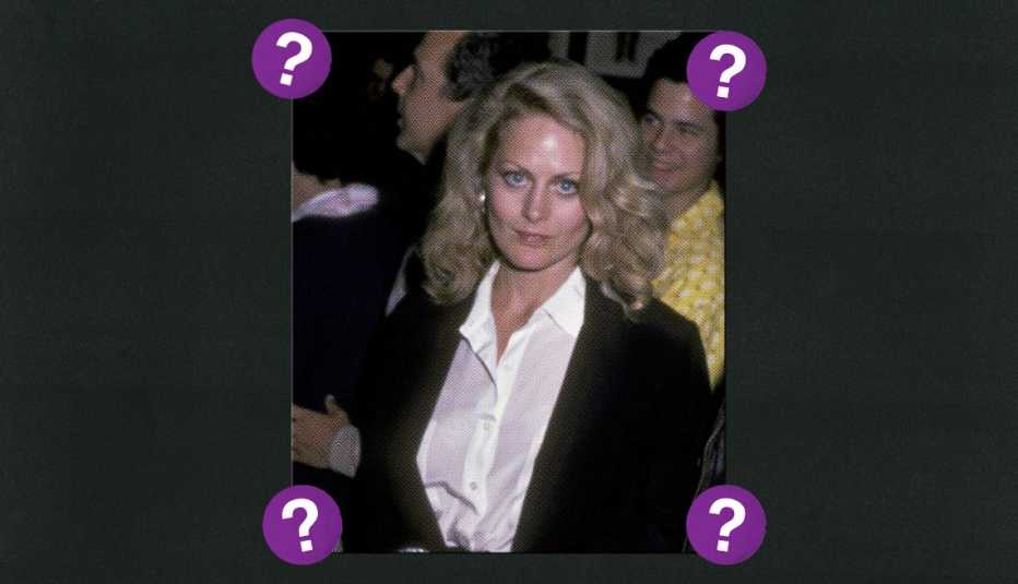 Beverly D'Angelo; surrounded by purple circles with question marks in them
