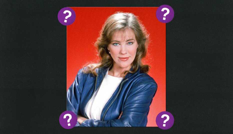 Catherine O'Hara; surrounded by purple circles with question marks in them