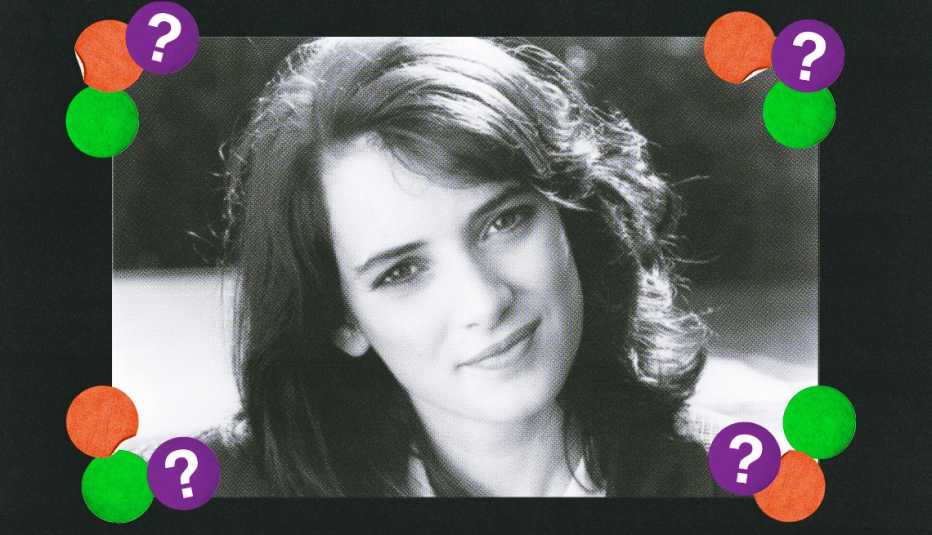 Black and white image of Winona Ryder; surrounded by orange, green and purple circles with question marks in them