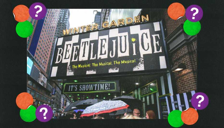 Big sign that says Beetlejuice The Musical The Musical The Musical; surrounded by orange, green and purple circles with question marks in them