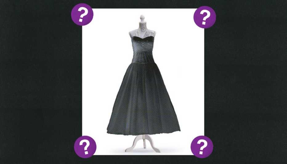 Black dress on a mannequin; surrounded by purple circles with question marks in them