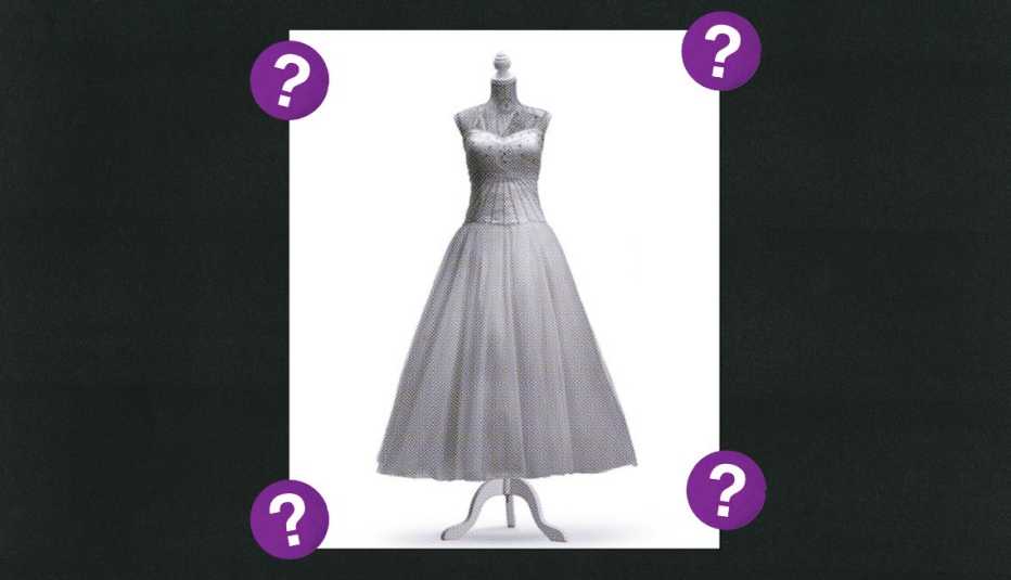 Gray dress on a mannequin; surrounded by purple circles with question marks in them