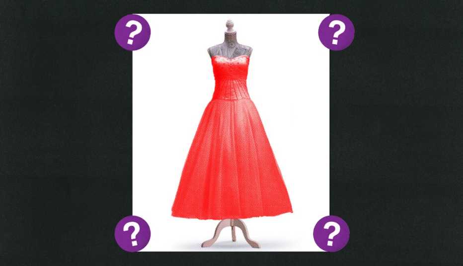 Red dress; surrounded by purple circles with question marks in them