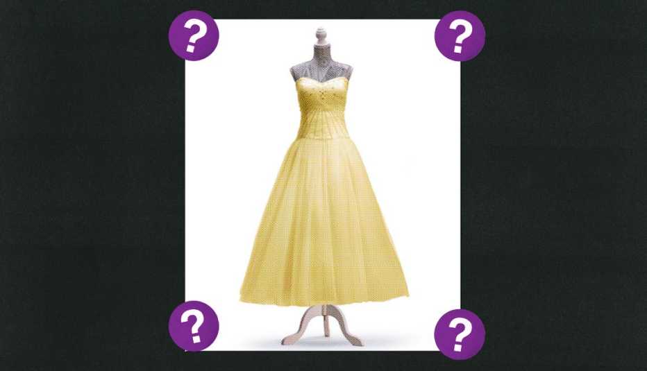 Yellow dress on a mannequin; surrounded by purple circles with question marks in them