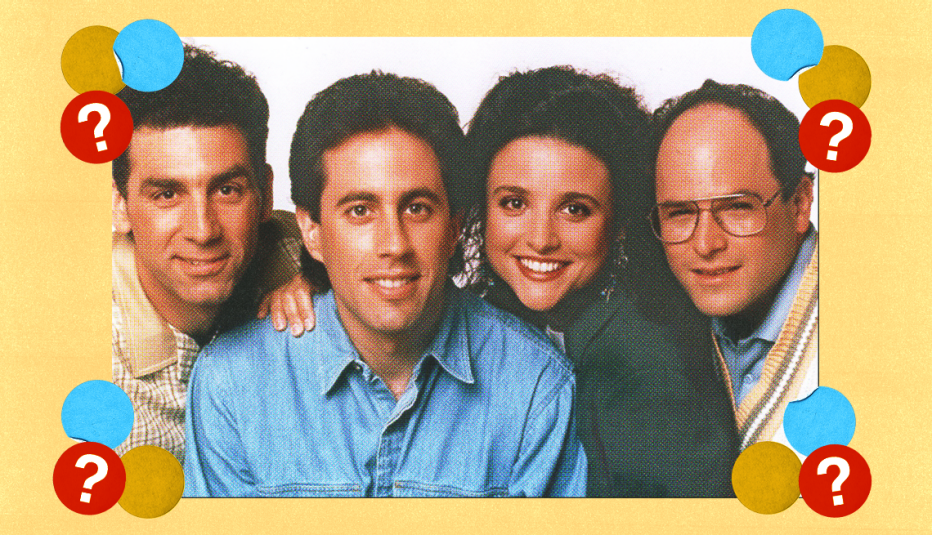 Michael Richards, Jerry Seinfeld, Julia Louis-Dreyfus and Jason Alexander surrounded by mustard yellow, light blue and red circles with question marks in them