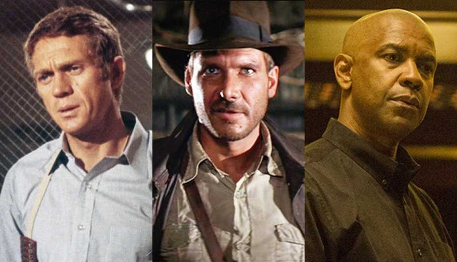 Steve McQueen in Bullitt Denzel Washington in The Equalizer and Harrison Ford in Raiders of the Lost Ark Steve McQueen in Bullitt Denzel Washington in The Equalizer and Harrison Ford in Raiders of the Lost Ark