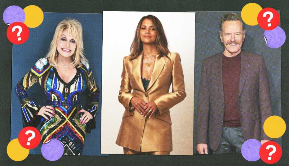 side by side of dolly parton, halle berry and bryan cranston, surrounded by yellow, purple and red circles with question marks