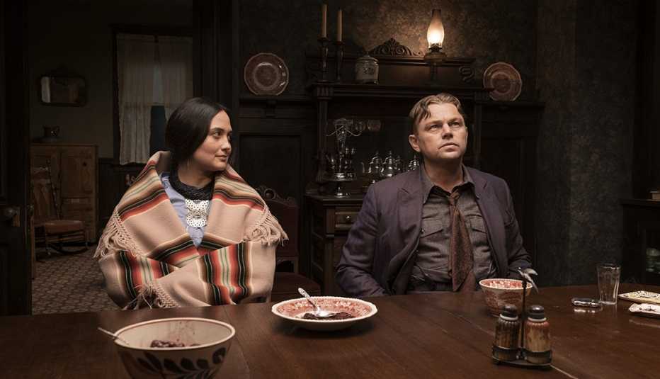 Lily Gladstone and Leonardo DiCaprio in a scene from the film Killers of the Flower Moon lily gladstone and leonardo dicaprio in a scene from the film killers of the flower moon