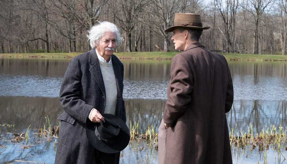 tom conti as albert einstein and cillian murphy as j robert oppenheimer in a scene from the film oppenheimer