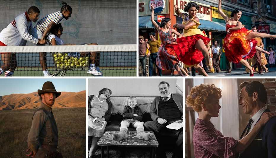 film stills from our five best picture nominees the movies are king richard the west side story remake the power of the dog belfast and being the ricardos 