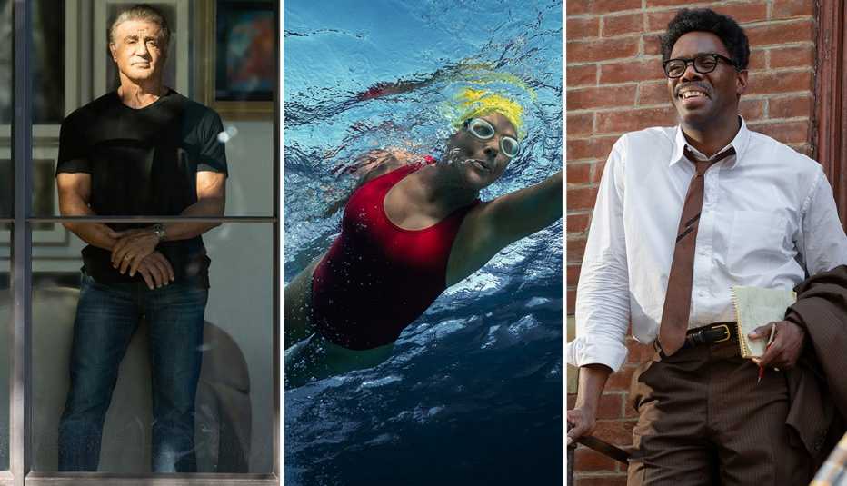 sylvester stallone looking out of a window in sly annette bening swimming in nyad and colman domingo smiling while holding a notepad in rustin