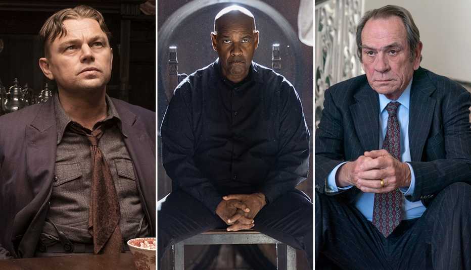Leonardo DiCaprio stars in the film "Killers of the Flower Moon," Denzel Washington stars in "The Equalizer 3" and Tommy Lee Jones in "The Burial." leonardo dicaprio sitting at a table in the film killers of the flower moon denzel washington sits in a chair looking straight ahead in the film the equalizer three and tommy lee jones sitting with his hands together in a scene from the movie the burial