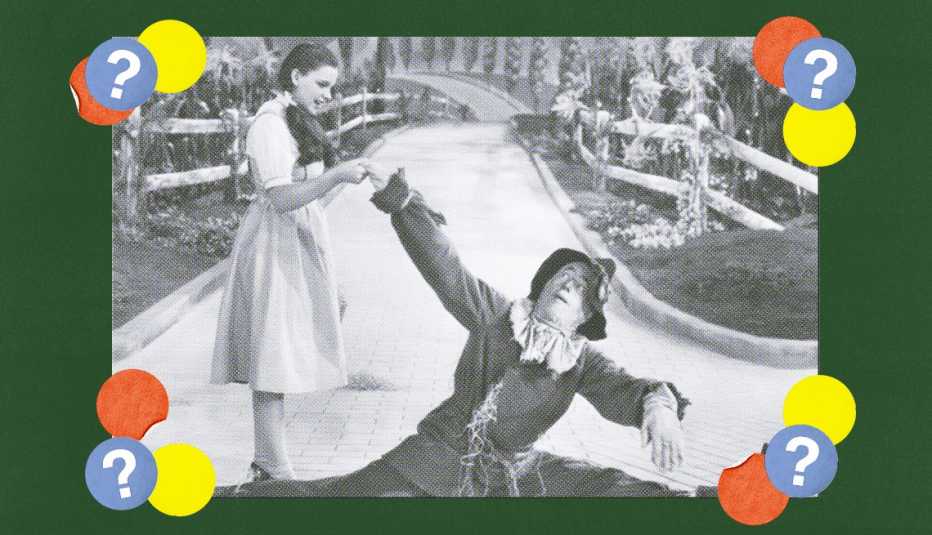 the scarecrow, dorothy and toto in the wizard of oz