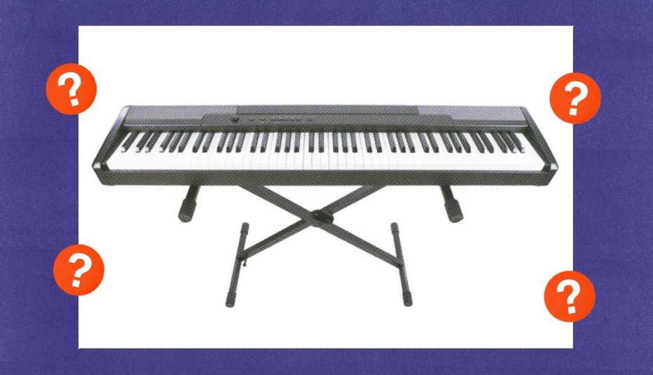 Musical keyboard, surrounded by red circles with question marks in them