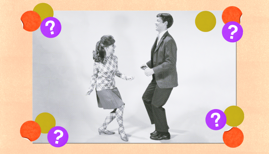 black and white photo of woman and man dancing, surrounded by gold, orange and purple circles with question marks in them