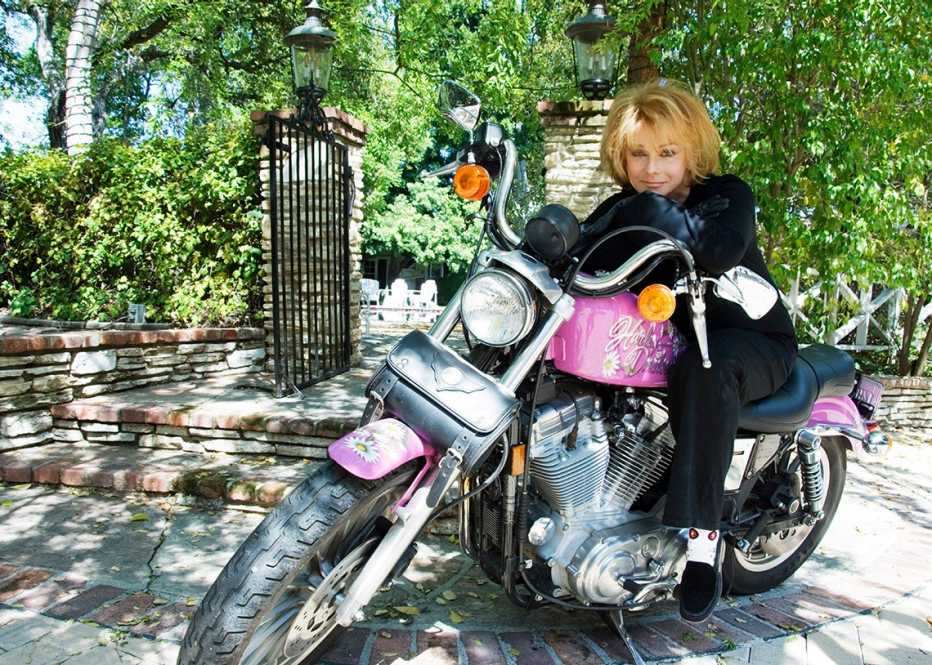Ann Margret sitting on a pink and black Harley Davidson motorcycle for her album Born to Be Wild Ann Margret sitting on a pink and black Harley Davidson motorcycle for her album Born to Be Wild