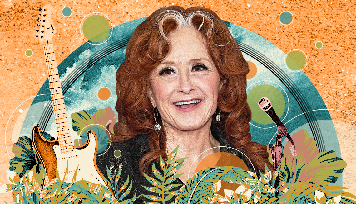 collage of musician bonnie raitt with a guitar a microphone and a garden