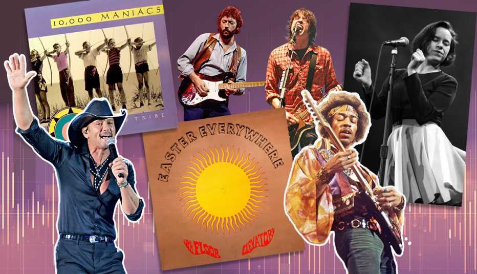 Rescue songs collage, clockwise from top left; 10,000 Maniacs In My Tribe, Eric Clapton, Dave Grohl of the Foo Fighters, Natalie Merchant, Jimi Hendrix, Easter Everywhere album by 13th Floor Elevator, and Tim McGraw collage of album covers and musical artists including ten thousand maniacs and singer natalie merchant jimi hendrix tim mc graw eric clapton dave grohl of the foo fighters and the thirteenth floor elevator
