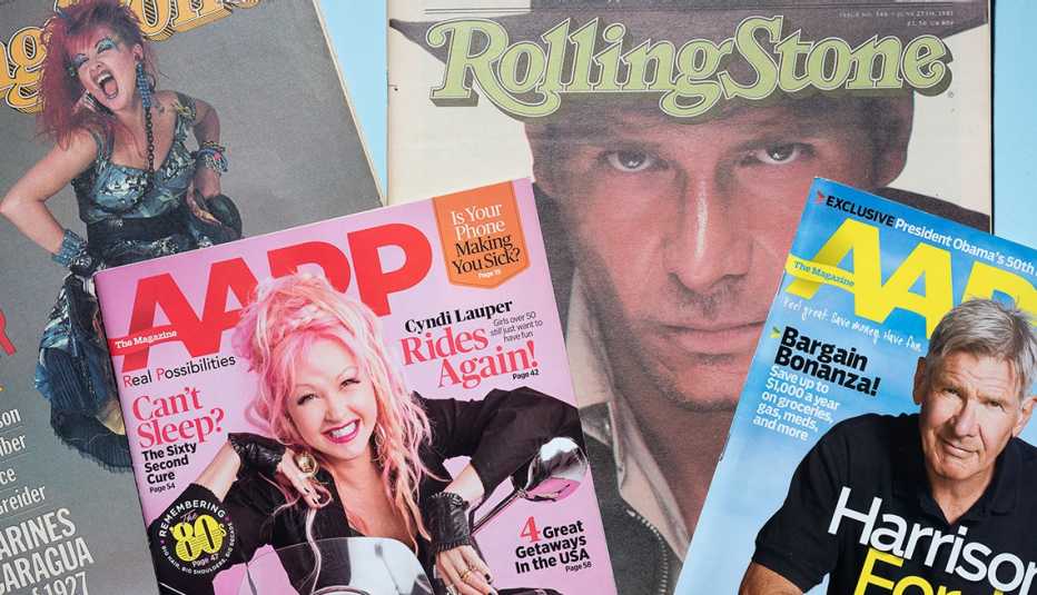 Cyndi Lauper and Harrison Ford are Among the celebrities that have appeared on Rolling Stone Covers and AARP Covers