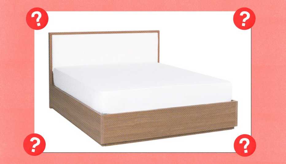 Bed with tan frame and white mattress; surrounded by red circles with question marks in them