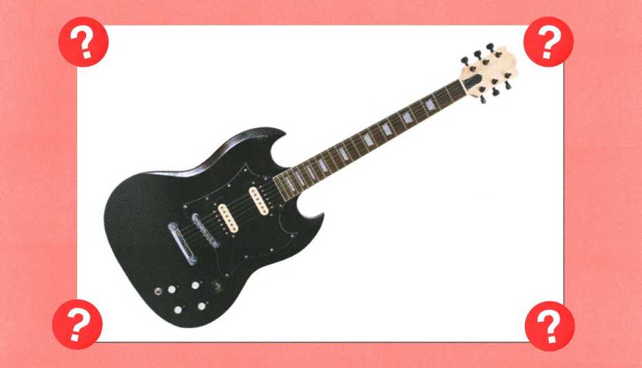 Black guitar; surrounded by red circles with question marks in them