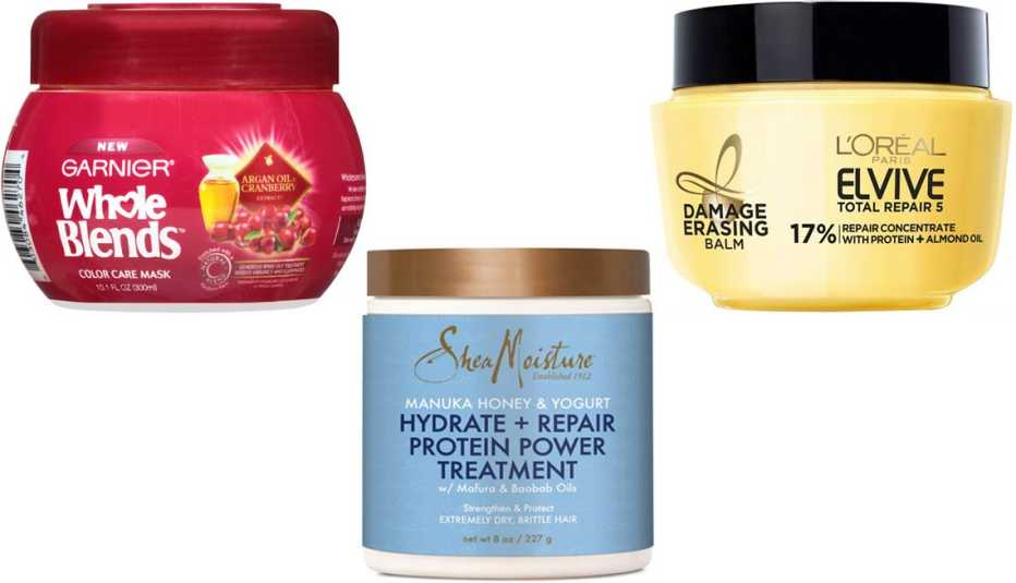 Garnier Whole Blends Argan Oil & Cranberry Extracts Color Care Mask; SheaMoisture Honey & Yogurt Hydrate + Repair Protein Power Treatment; L’ Oreal Paris Elvive Total Repair 5 Damage-Erasing Balm