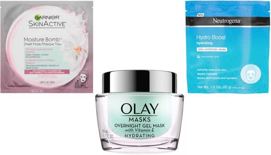 Garnier SkinActive Moisture Bomb Super Hydrating Sheet Mask; Olay Hydrating Overnight Gel Mask with Vitamin E; Neutrogena Hydro Boost Hydrating Face Mask
