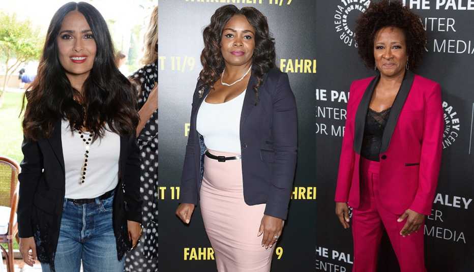 Salma Hayek in black blazer, April Hawkins wears a narrow black belt,  Wanda Sykes wears a fuchsia pantsuit jacket