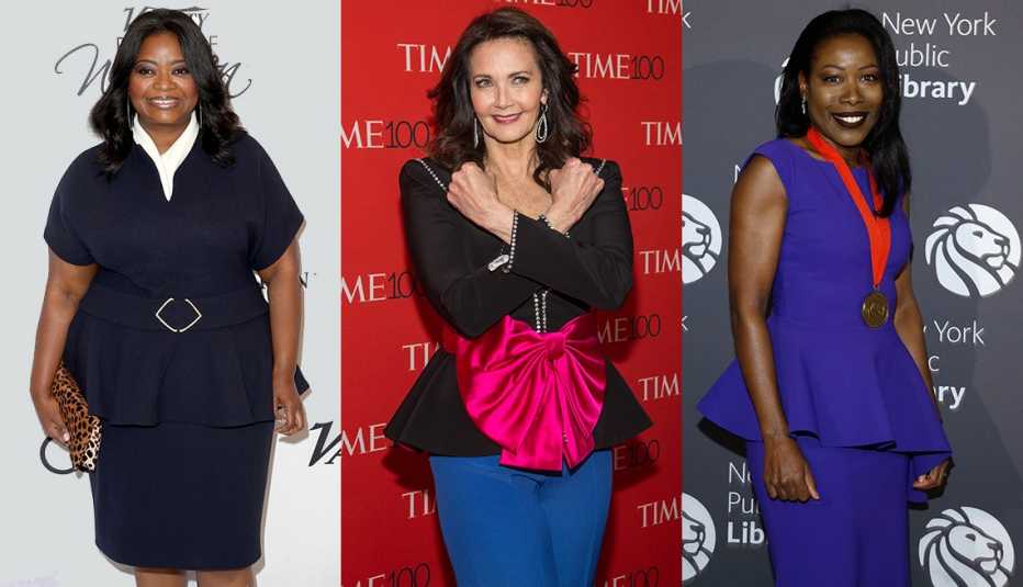 Octavia Spencer in navy peplum jacket, Lynda Carter in black peplum jacket, Isabel Wilkerson in purple sleeveless peplum top