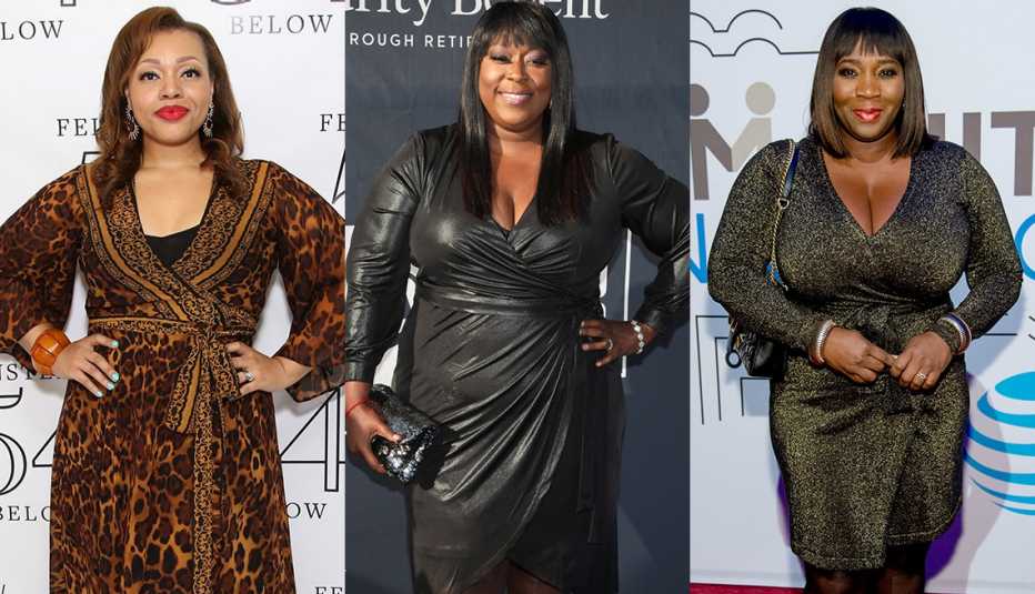 Carmen Ruby Floyd in leopard wrap dress, Loni Love in black faux leather wrap dress, Bevy Smith in lurex wrap dress 