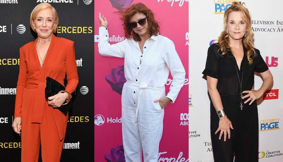 Holland Taylor in orange tailored jumpsuit, Susan Sarandon in a white jumpsuit, Lea Thompson in black jumpsuit