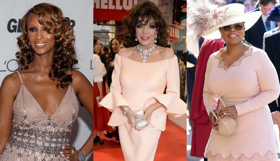 Iman in light pink dress in 2006 and recent photos of Joan Collins in pale pink off-shoulder dress and Oprah Winfrey wearing a pale pink scallop trimmed dress
