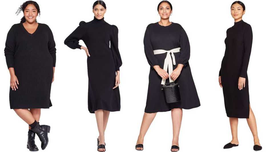 Ava & Viv Plus Size Long Sleeve V-neck Sweater Dress, Who What Wear Puff Long Sleeve High Neck Sweater Dress, Who What Wear Plus-Size Jacquard Print 3/4 Sleeve Mock Turtleneck Intarsia Sweater Midi Dress, Prologue Long Sleeve Rib Knit Mock Turtleneck Midi