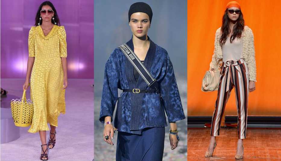Three models wearing yellow, tie-dye and stripes, some of the hot fashion trends for spring and summer 2019