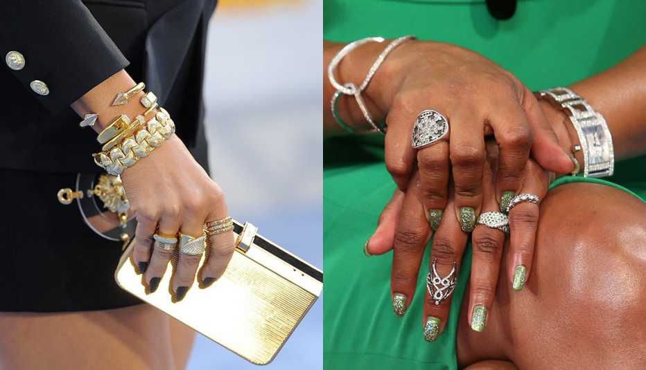 Side-by-side of arms, one with rings and bracelets, the other with rings and a watch
